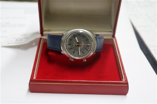 A gentlemans stainless steel Omega Chronostop wrist watch, in Omega box.